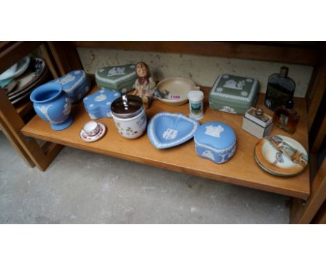A mixed lot of ceramics, to include: a Hummel figural ashtray; Wedgwood jasperware and scent bottles.