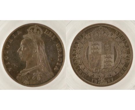 VICTORIA. PROOF HALFCROWN, 1887. Obv: Jubilee bust left. Rev: Crowned shield within garter. Davies 641P, dies 2A. Lace closed