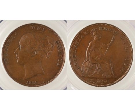 VICTORIA. PENNY, 1854. Obv: Young head left. Rev: Britannia seated. Plain trident. CGS encapsulated, 22910. AUNC 75. (1 coin)