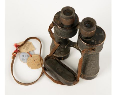 A PAIR OF SECOND WORLD WAR NAZI BINOCULARS, stamped with Nazi insignia above "M", also stamped "24358/N 2x50 BEH 336117 KF (T