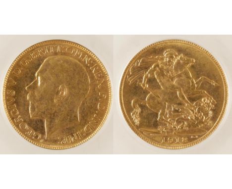 GEORGE V. SOVEREIGN, 1918 M. Obv: Bare head left. Rev: St George and Dragon. CGS encapsulated, 9211. EF 70. Finest known. (1 