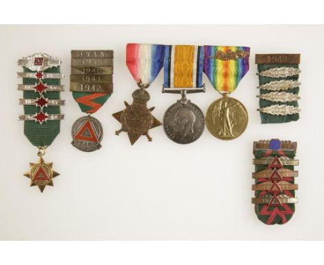 A GREAT WAR TRIO OF MEDALS, impressed (1596. PTE. H.V. NEALE. 4-LOND. R.), and related civilian award medals. 