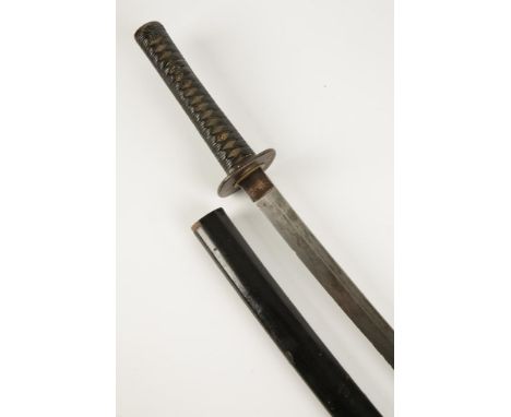 A JAPANESE KUTANA, with shagreen and bound handle, iron tsuba and lacquered scabbard, overall 85cm.