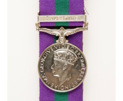 GEORGE VI GENERAL SERVICE MEDAL, with Palestine clasp. Impressed (2321443. SGLN. J. FALKINGHAM. R. SIGNALS.).