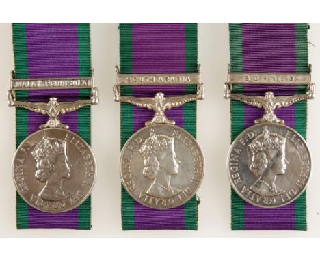 ELIZABETH II GENERAL SERVICE MEDALS, with South Arabia, Malay Peninsula and Borneo clasps. Impressed (24054163 PTE. M. HALLID