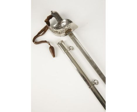 AN EDWARD VII HOLT & SON OFFICERS SWORD, the engraved blade with initials "G.G.J.", with scabbard, and leather sword carriers