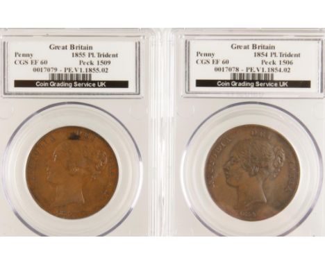 GREAT BRITAIN. VICTORIA. MIXED COINS. An investment collection of CGS encapsulated coins. Penny, 1854, plain trident, CGS 170