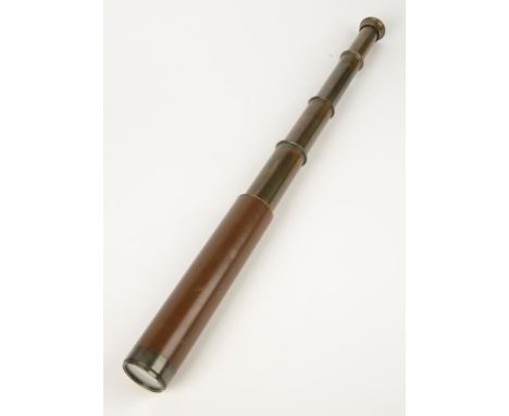 A VICTORIAN LACQUERED BRASS AND LEATHER COVERED FOUR DRAWER TELESCOPE, by Broadhurst Clarkson & Co. London, extended 82cm.