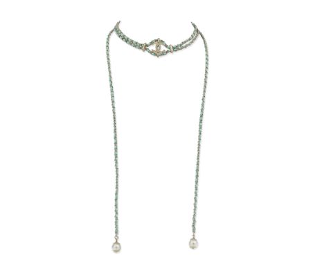 Karl Lagerfeld for Chanel: a Mint Green Leather and Gold Chain Choker NecklaceCruise 2018Layered choker with mint green leath