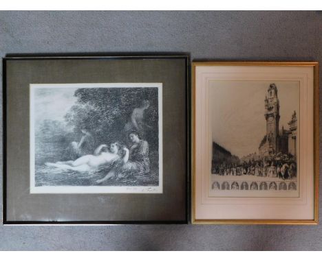 Two framed and glazed antique lithographs. One depting a classical scene with lounging females, indistinctly signed, Feb 98. 