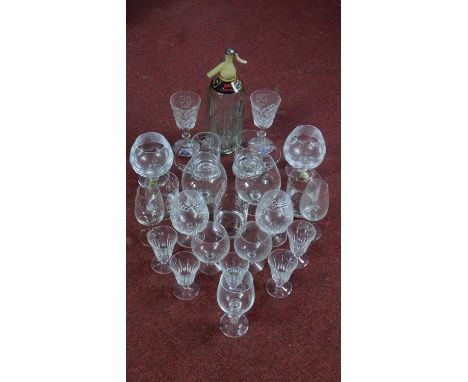 A collection of Atlantis and Royal Doulton crystal glasses and other brewiana. Including a vintage Schweppes soda siphon, eng