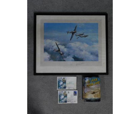 A framed and glazed print of 'Hurricane' by  Robert Taylor signed by the british fighter pilot Wing commander R.R Stanford Tu