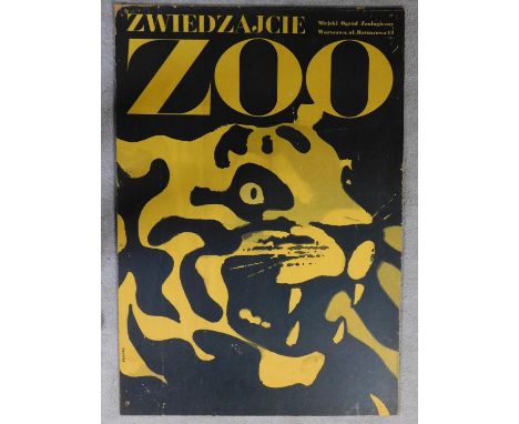 A vintage Zoo Zweidzajcie poster with a jaguar. By artist Waldemar Swierzy, 1967. 97x68cm