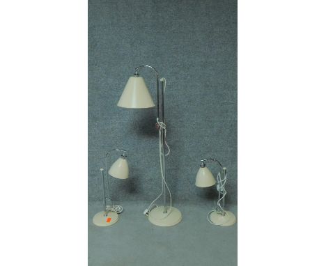Three vintage cream metal and chrome adjustable anglepoise desk lights. H.122cm