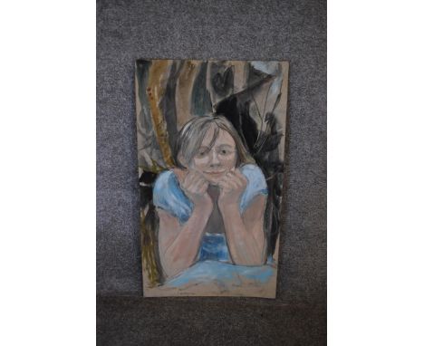An oil on board, portrait of a lady, from the studio of the late Jaqueline Morreau, unsigned. H.35 x 25cm 