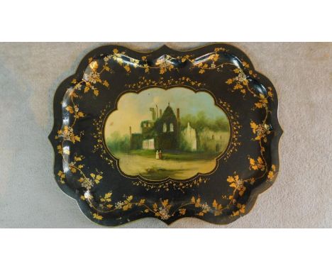 Victorian papier mâché gilded and hand painted tray with mother of pearl inlay to create the effect of light shining through 