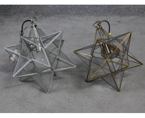 A pair of vintage clear glass panel star ceiling lights. One brass and one aluminium. H.33cm 