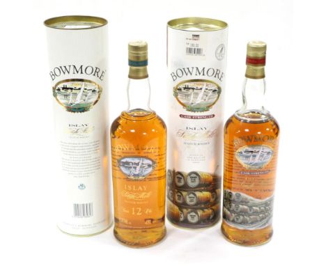 Bowmore Cask Strength Lithograph Label, litre, 56%, in original tube; Bowmore 12 Year Old Lithograph Label, litre, 43%, in or