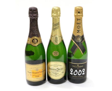 Veuve Clicquot 1996, vintage champagne; Moet et Chandon 2002, vintage champagne; Perriet Jouet 1998, vintage champagne (three