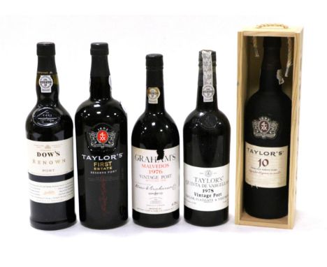 Taylors Quinta de Vargellas 1978, vintage port; Graham Malvedos 1976, vintage port; Taylors 10 Year Old Tawny; Dow Renown; Ta