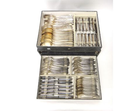 A German silver plated canteen of table flatware, comprising; twelve table forks, twelve tablespoons, twelve table knives, ha