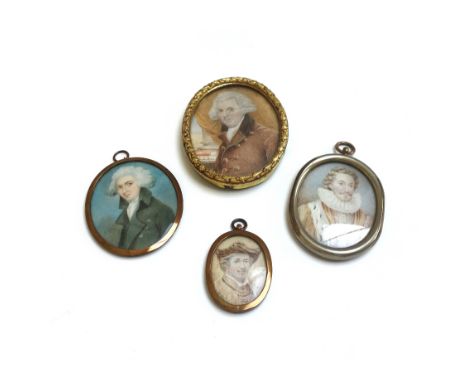 A late 19th Continental large portrait miniature on ivory of James I, 14cm; and three other similar miniature portraits of me