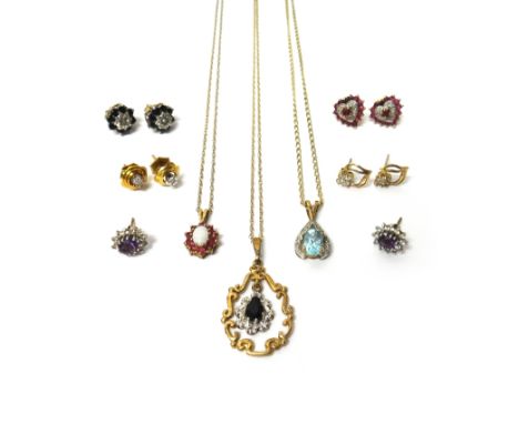 A collection of jewellery, comprising; a pair of 9ct gold, ruby and diamond set heart shaped cluster earstuds, four further p