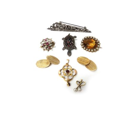 A Victorian gold, citrine and half pearl set oval brooch, mounted with the oval cut citrine to the centre within a surround o