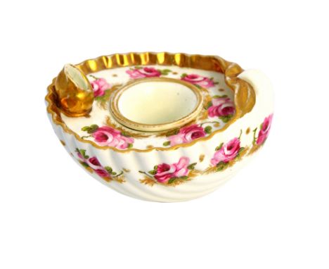 A Swansea inkwell and liner, circa 1815-17, of shell form, painted with pink roses beneath gilt borders, uppercase mark in re