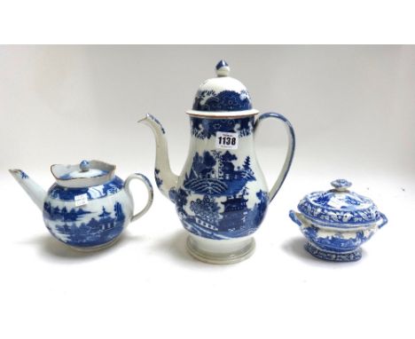 A group of blue and white printed earthenwares, 19th century, comprising; a small Minton sauce tureen and cover printed with 