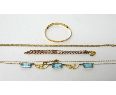 A gold and pale blue paste set necklace, pierced with foliate divisions, a 9ct gold baby's bangle, a gold curb link bracelet,