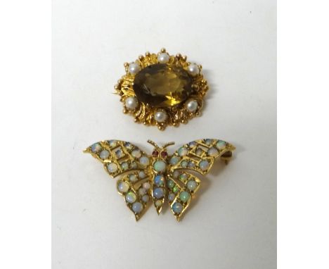 A 9ct gold and opal set brooch, designed as a butterfly, with ruby set eyes and a 9ct gold, citrine and cultured pearl set ov