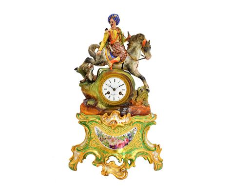 A porcelain mantel clock on stand, 'Hun figure', mid-19th century, probably by Jacob Petit, the white enamel dial detailed 'H