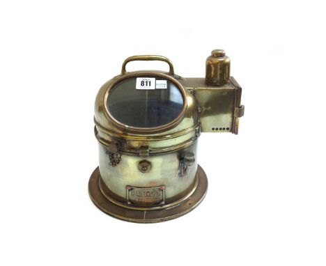 A ship's brass binnacle hood gimbal compass, early 20th century, with oil lamp illumination port to the side, ' PAT 183 No 14