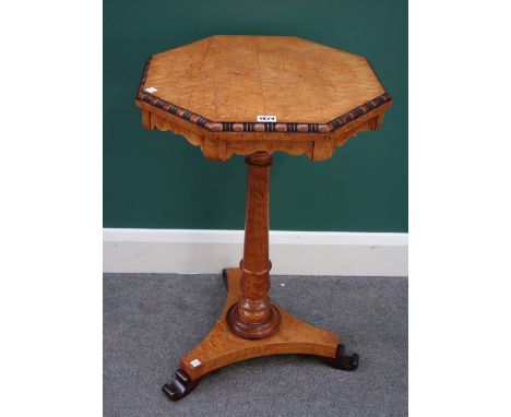 A Victorian bird's eye maple occasional table, the octagonal top with split bobbin decoration, on turned column and triform p
