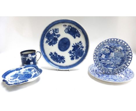 A group of Swansea blue and white printed pearlwares, early 19th century, comprising; a shell shaped dish printed with the `F