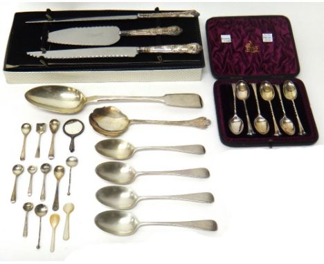 Silver mostly flatware, comprising; a Victorian fiddle pattern stuffing spoon, London 1853, four Old English pattern dessert 