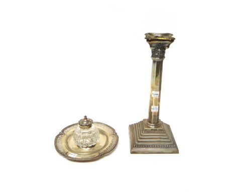 Silver and silver mounted wares, comprising; a Victorian shaped circular inkstand, decorated with a scroll pierced border wit