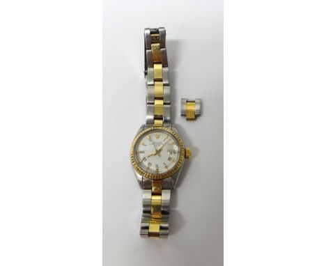 A lady's steel and gold Rolex Oyster Perpetual Date bracelet wristwatch, the signed white dial with black Roman numerals and 