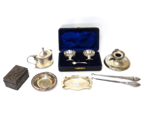 Silver and silver mounted wares, comprising; an oval mustard pot, probably London 1792, an inkstand (the cover lacking), an a