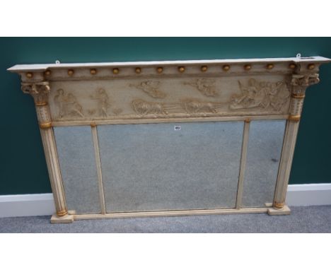 A white painted 19th century, rectangular triple plate over mantel mirror, with lion drawn chariot upper frieze, flanked by r