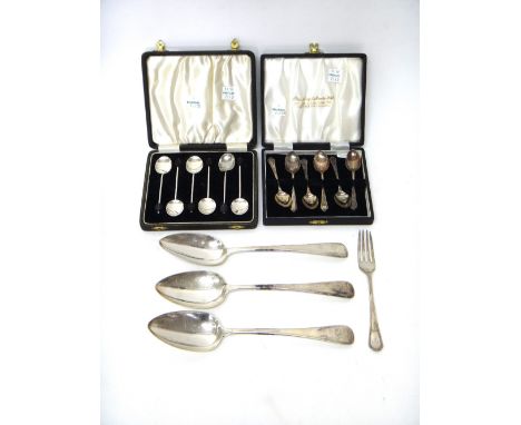 Silver flatware, comprising; three George III Old English pattern tablespoons, London 1806, a christening fork, a set of six 