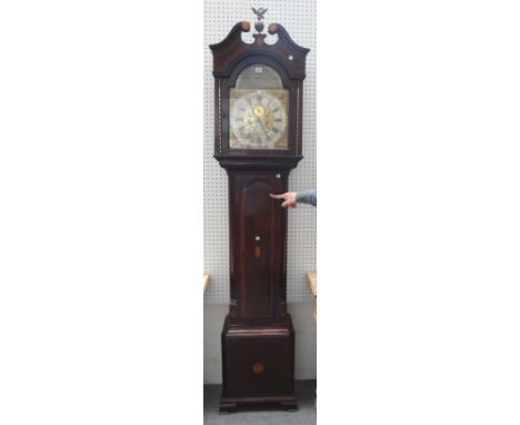 A mahogany and inlaid eight day longcase clock, the dial plate with painted landscape scene and subsidiary dial detailed 'Tho