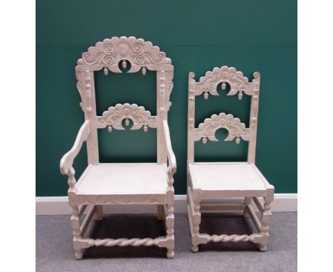 A set of eight white painted Charles II style dining chairs, with carved crest and waist rail, acorn finial mounts, on block,