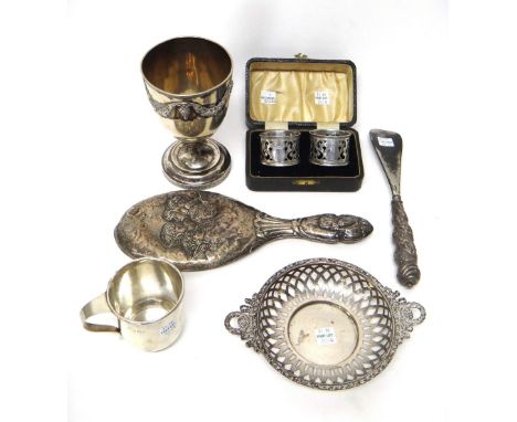Silver and silver mounted wares, comprising; a twin handled bonbon dish, having pierced decoration, Birmingham 1907, a christ