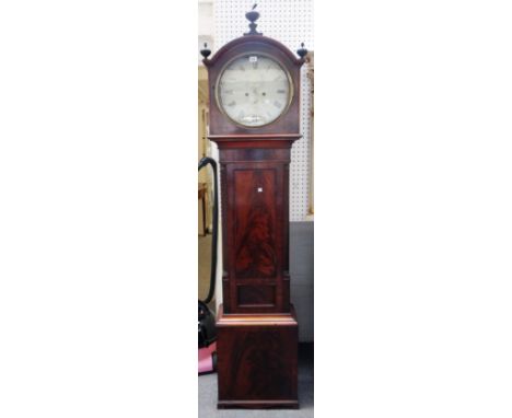 A Scottish eight day longcase clock, 19th century, the circular painted metal dial with two further subsidiary dials, detaile