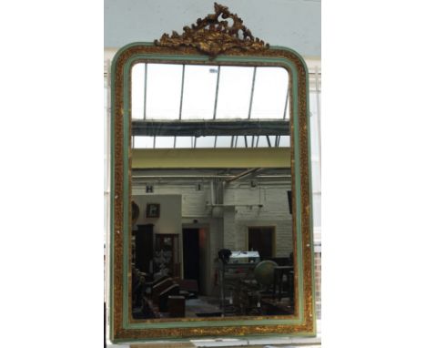 A 19th century later green and gilt decorated over mantel mirror with 'C' scroll crest and moulded frame, 110cm wide x 175cm 