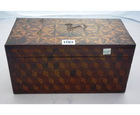 A 19th century deception cube parquetry inlaid rectangular tea caddy, 31cm wide, together with a Victorian figured walnut inl