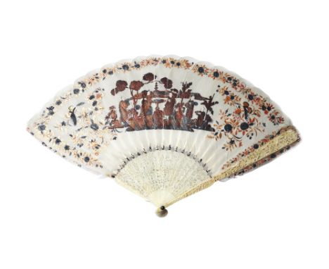 A Cantonese painted feather fan, 19th century, depicting a figural landscape group with applied ivory faces, the sticks ornat