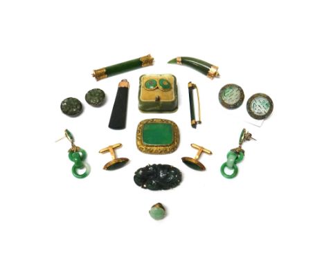 A collection of nephrite, jade and other green gem set jewellery, comprising; a 9ct gold mounted nephrite pendant, a pair of 